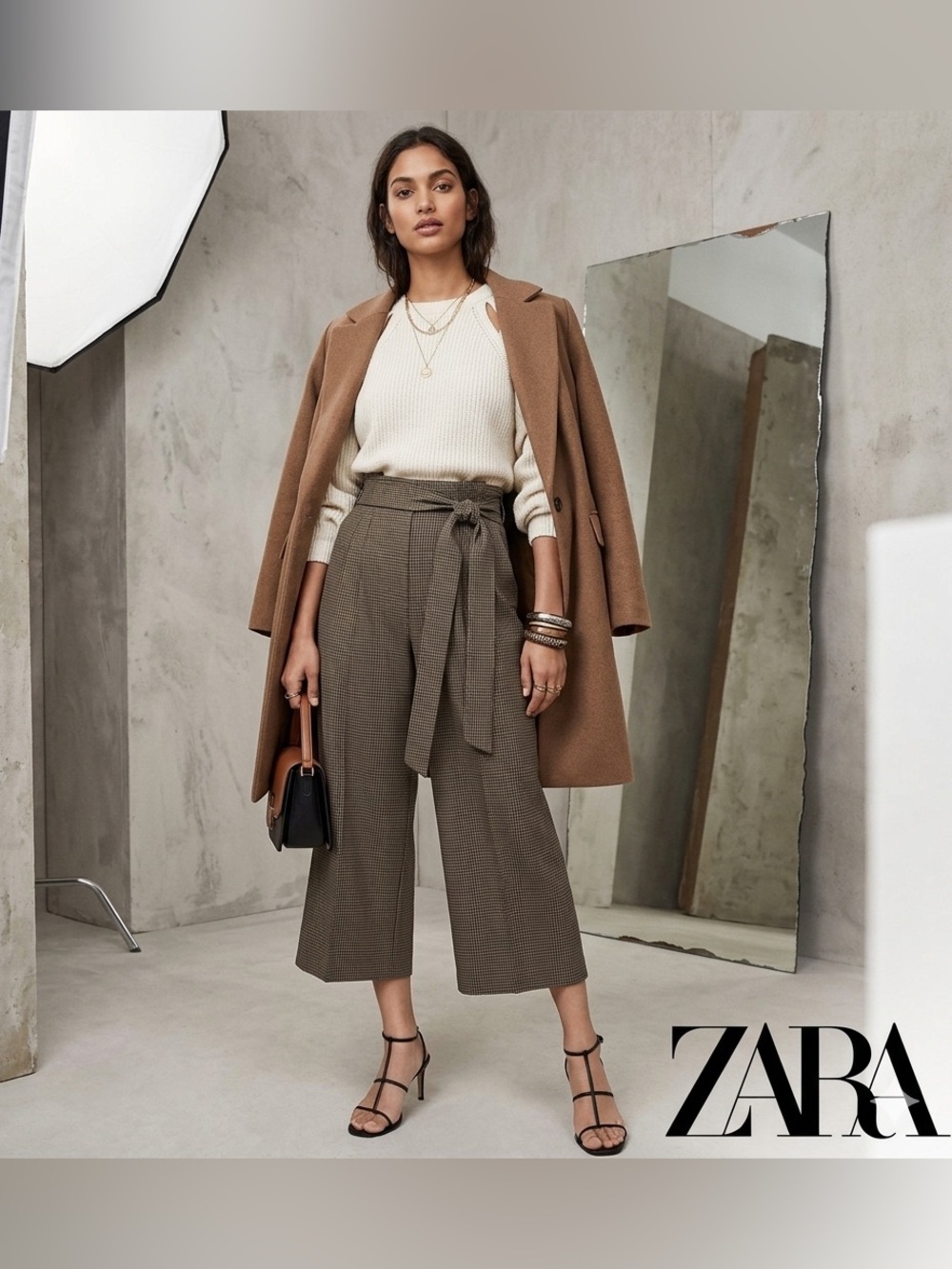 Zara tan brown high-waisted paperbag wide-leg ankle pants.